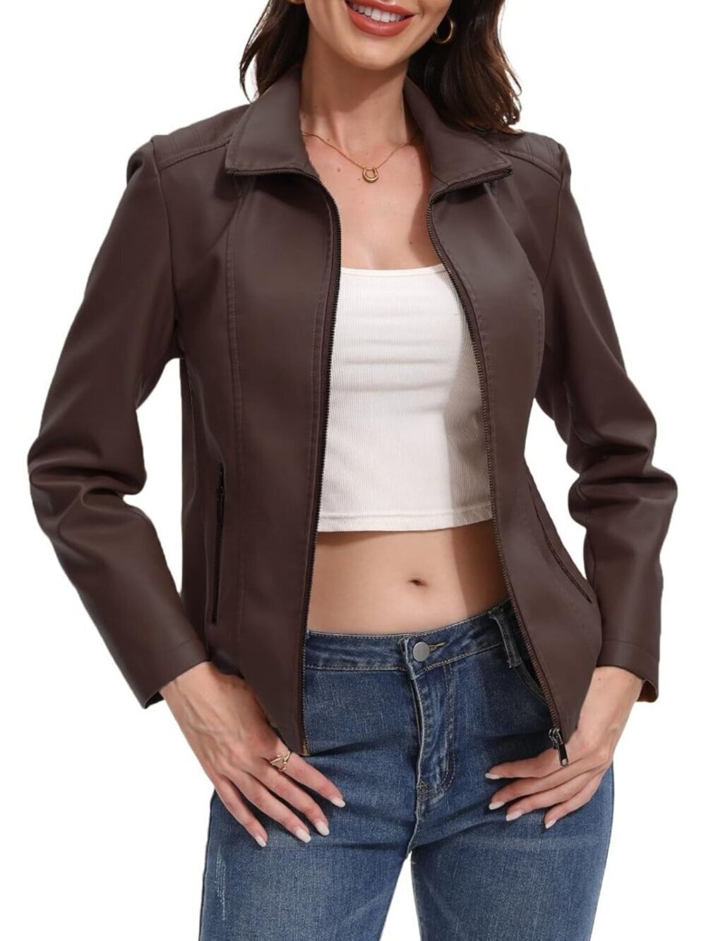 Cofee Color Faux Leather Jacket for Women Motorcycle Fashion Zip Up Coat